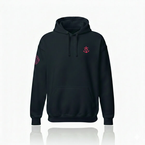 pack shot Sweat à capuche homme bleu marine Croix Camarguaise rose Eskise