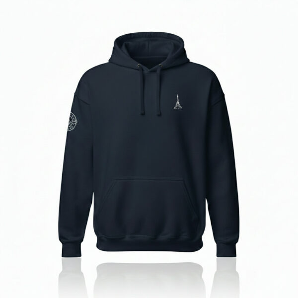 pack shot Sweat à capuche homme bleu marine tour eiffel blanche Eskise