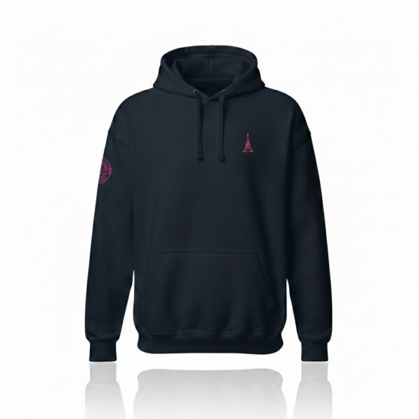 pack shot Sweat à capuche homme bleu marine tour eiffel rose Eskise